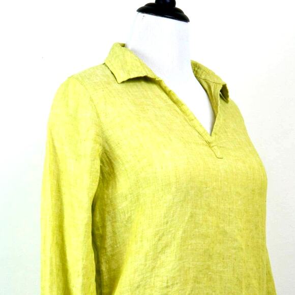 Tahari Size M Linen V Neck Tunic 3/4 Sleeve Side Buttons Chartreuse - Picture 6 of 11